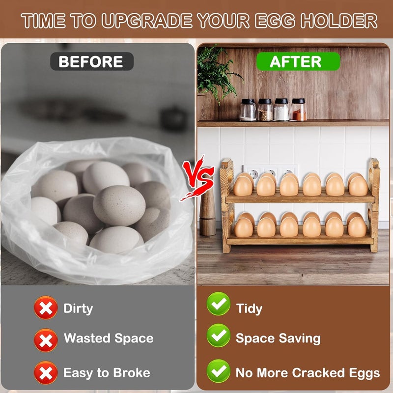 AOOHOOA Wooden Egg Holder Countertop, Stackable Wooden Egg Storage & Organizer, 2-Tier /24-Hole Farmhouse Eggs Rack Wood with Handle for Fresh Eggs to Store Chicken/Duck/Quail/Turkey/Easter Egg - Image 2